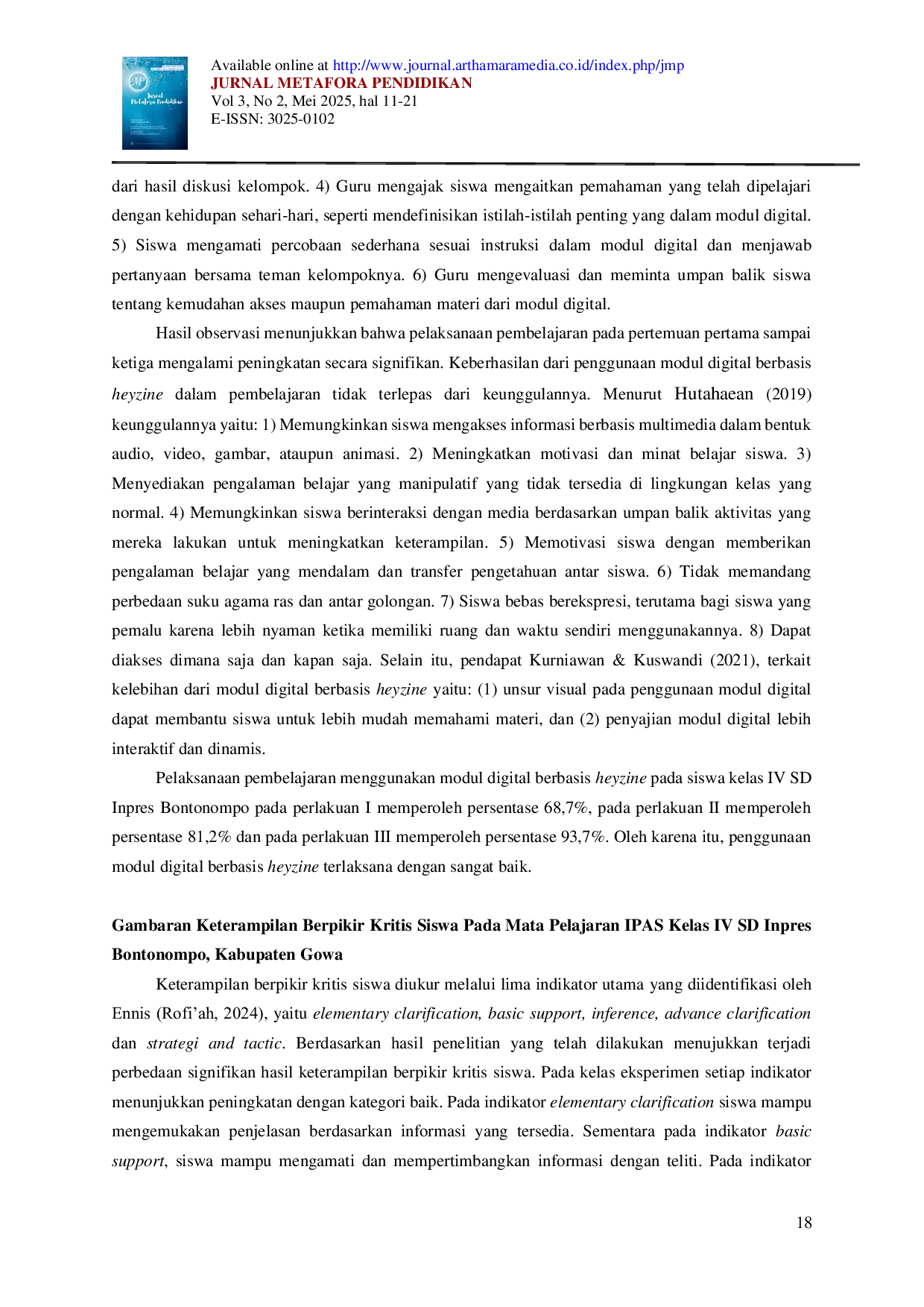 JURIS Pengaruh Penggunaan Modul Digital Berbasis Heyzine Terhadap Keterampilan Berpikir Kritis Siswa Pada Mata Pelajaran IPAS Kelas IV SD Inpres Bontonompo