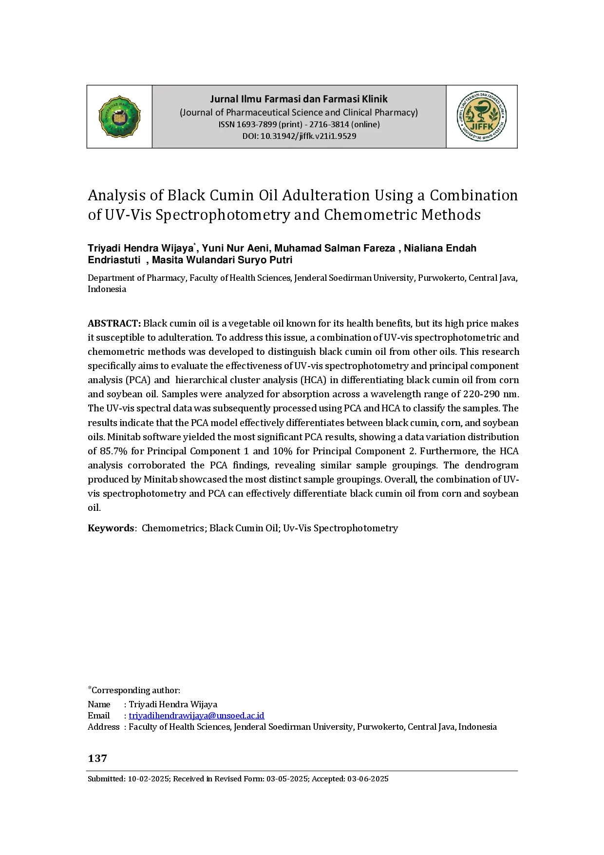 juris Analysis of Black Cumin Oil Adulteration Using a Combination of UV Vis Spectrophotometry and Chemometric Methods