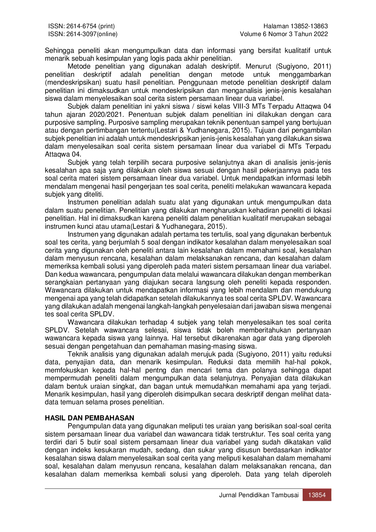 JURIS Analisis Kesalahan Siswa Dalam Menyelesaikan Soal Cerita Pada Siswa Kelas VIII di MTS Terpadu Attaqwa 04