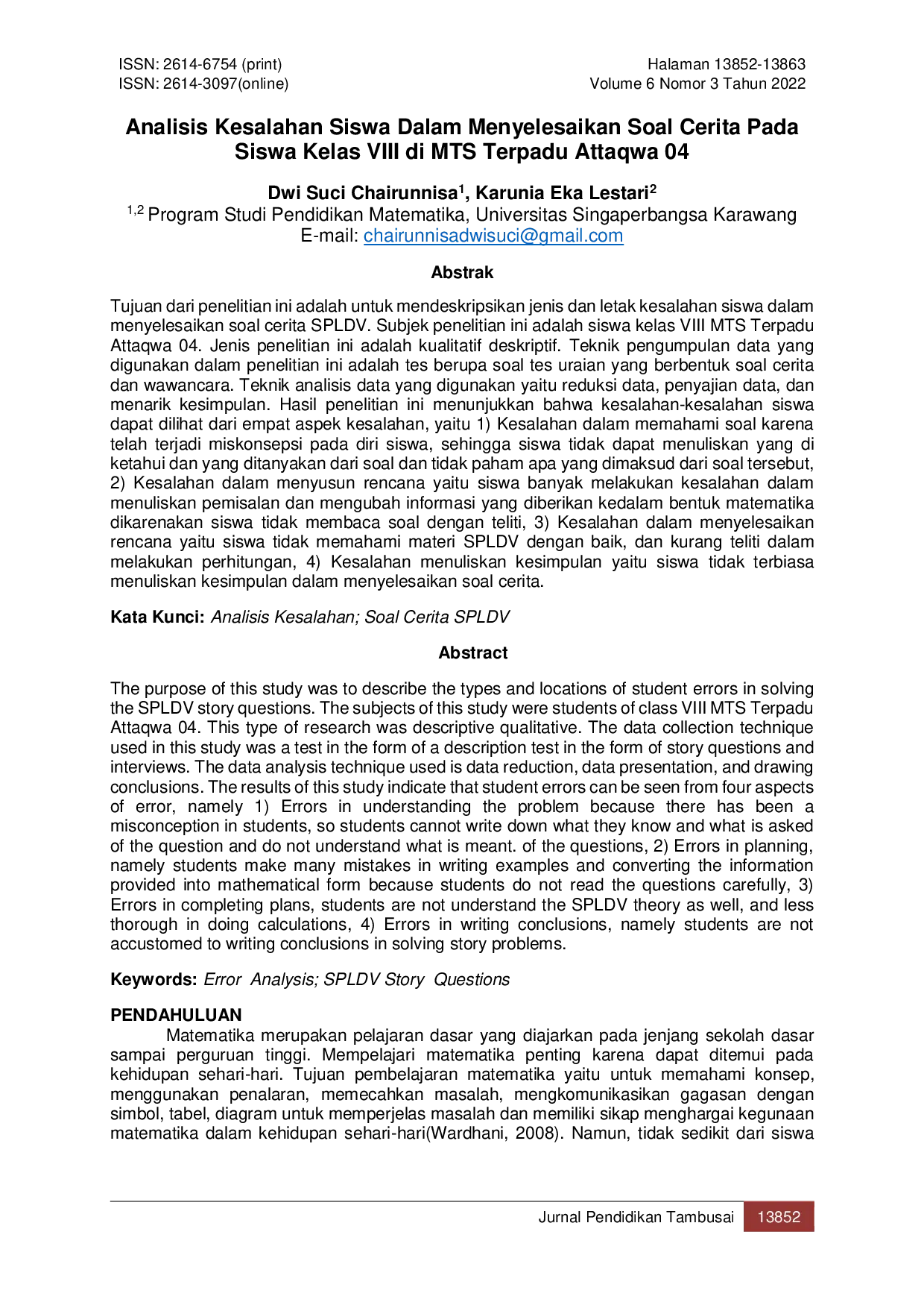 JURIS Analisis Kesalahan Siswa Dalam Menyelesaikan Soal Cerita Pada Siswa Kelas VIII di MTS Terpadu Attaqwa 04