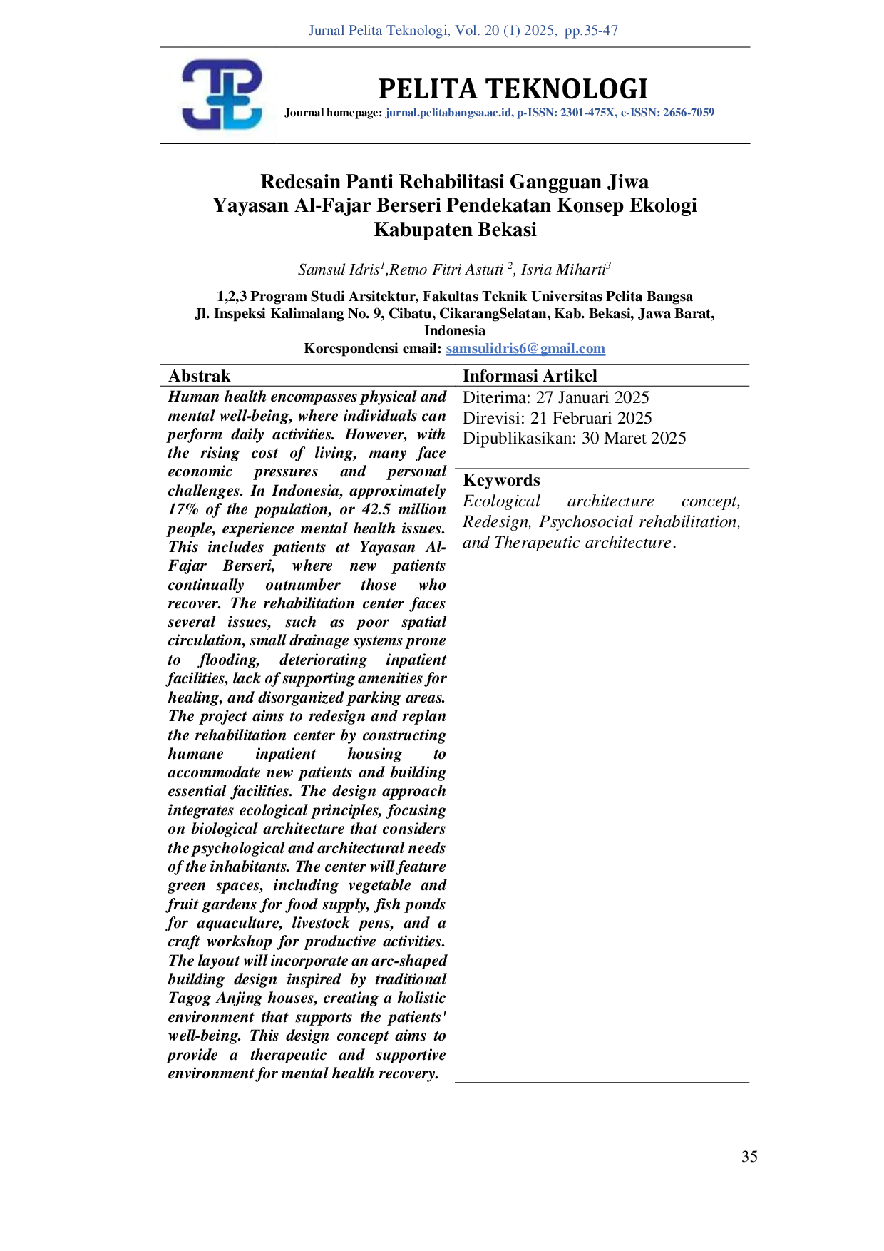 JURIS Redesain Panti Rehabilitasi Gangguan Jiwa Yayasan Al Fajar Berseri Pendekatan Konsep Ekologi Kabupaten Bekasi