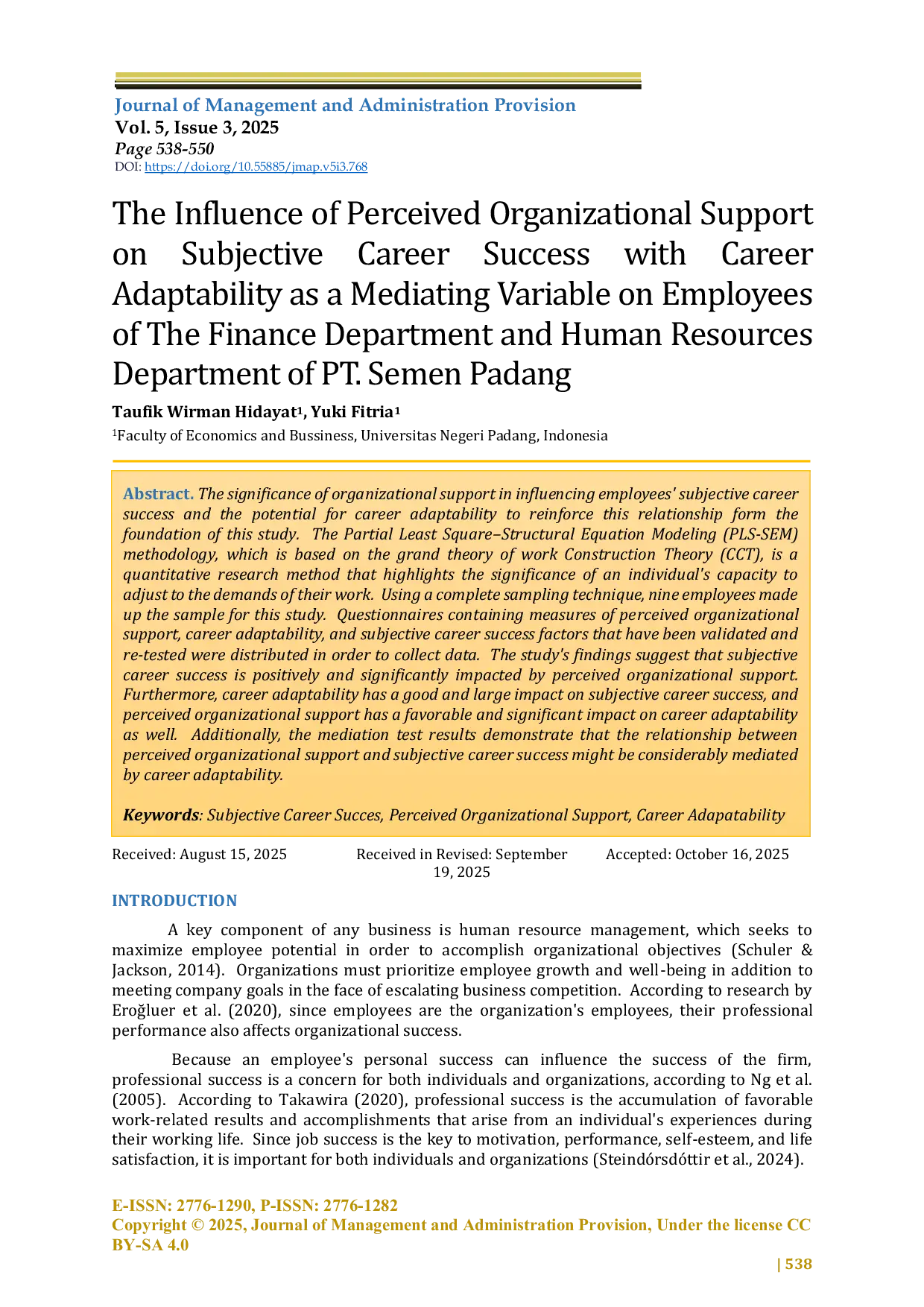 JURIS The Influence of Perceived Organizational Support on Subjective Career Success with Career Adaptability as a Mediating Variable on Employees of The Finance Department and Human Resources Department of