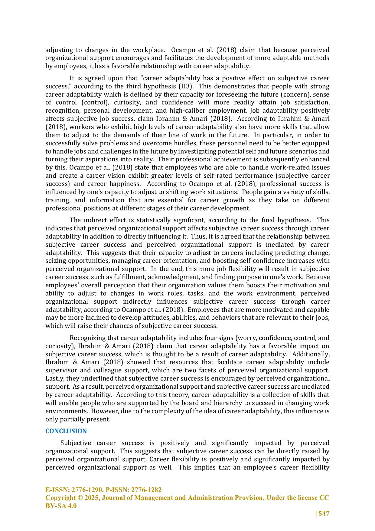 JURIS The Influence of Perceived Organizational Support on Subjective Career Success with Career Adaptability as a Mediating Variable on Employees of The Finance Department and Human Resources Department of
