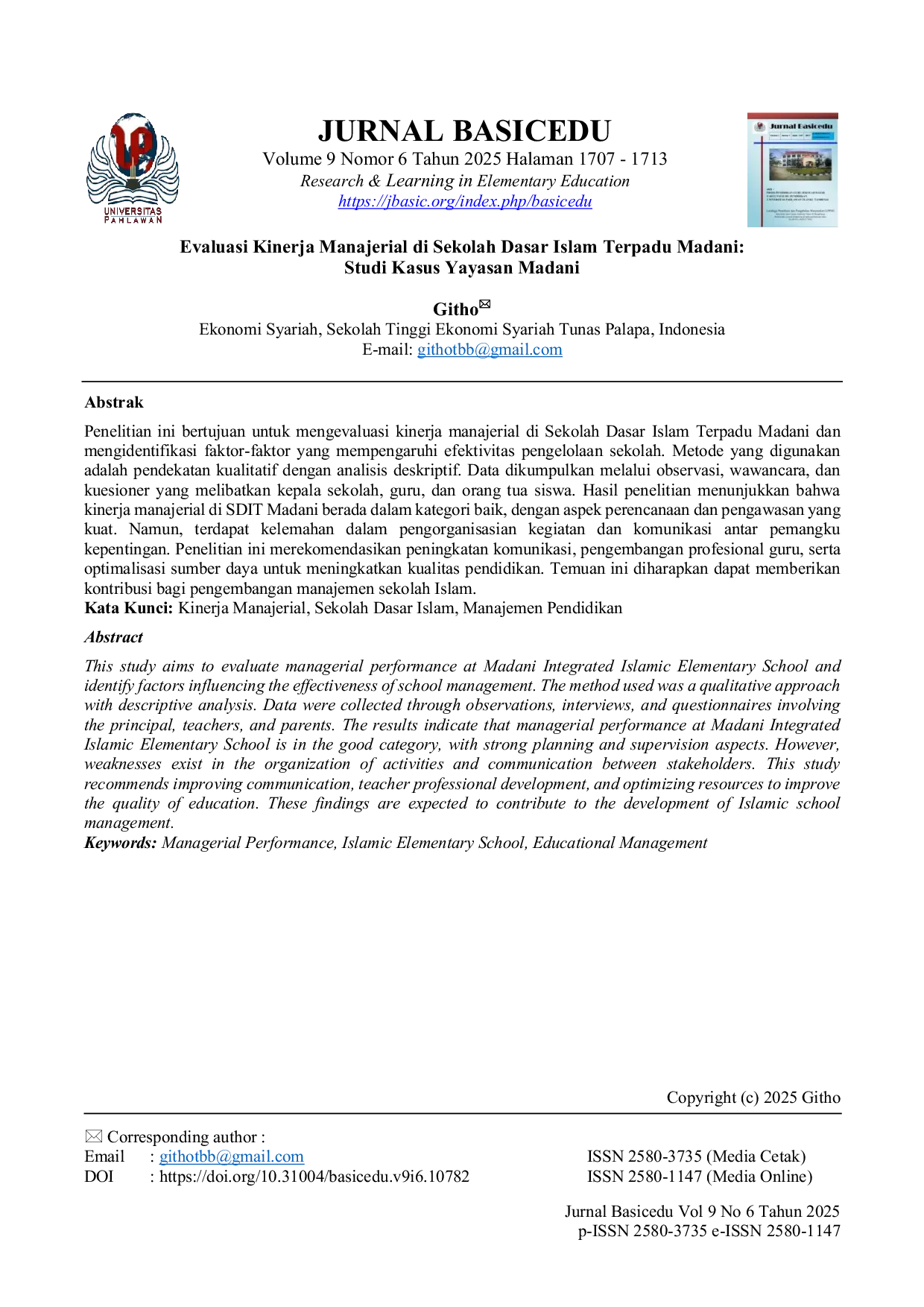JURIS Evaluasi Kinerja Manajerial di Sekolah Dasar Islam Terpadu Madani Studi Kasus Yayasan Madani