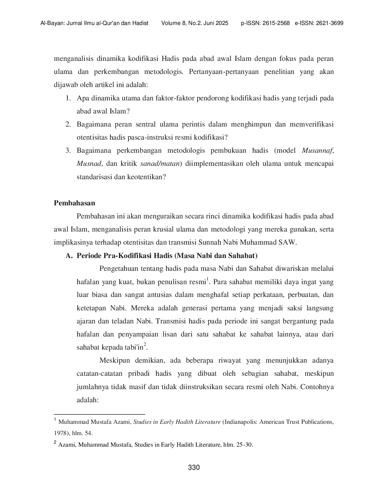 JURIS Kodifikasi Hadis Pada Abad Awal Islam Peran Ulama Dan Perkembangan Metodologis