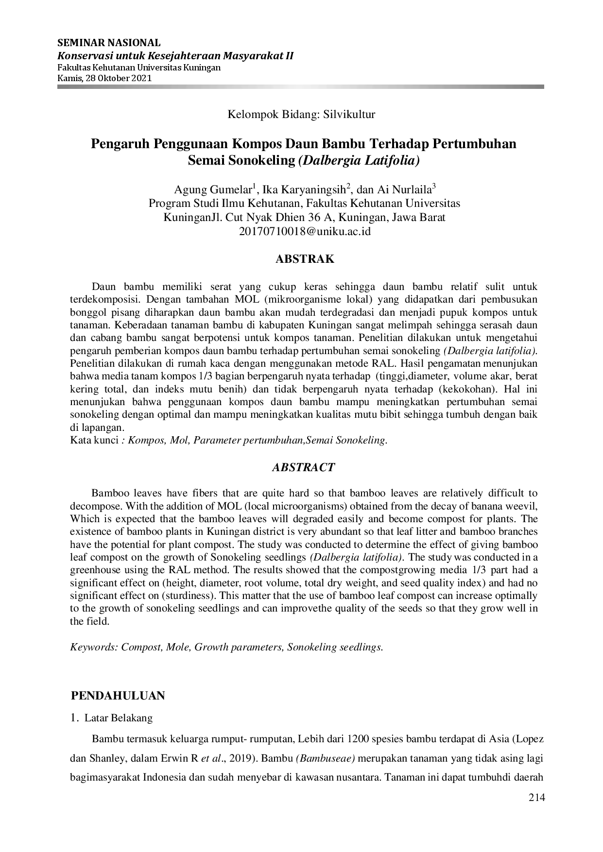 juris Pengaruh Penggunaan Kompos Daun Bambu Terhadap Pertumbuhan Semai Sonokeling Dalbergia Latifolia