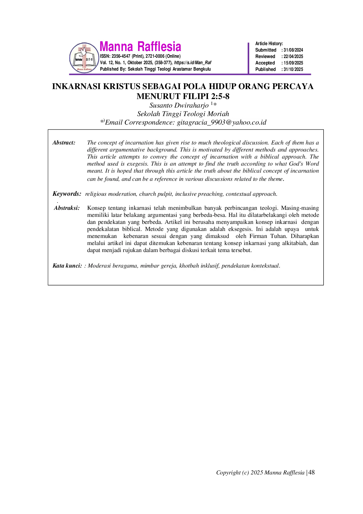 JURIS INKARNASI KRISTUS SEBAGAI POLA HIDUP ORANG PERCAYA MENURUT FILIPI 2 5 8