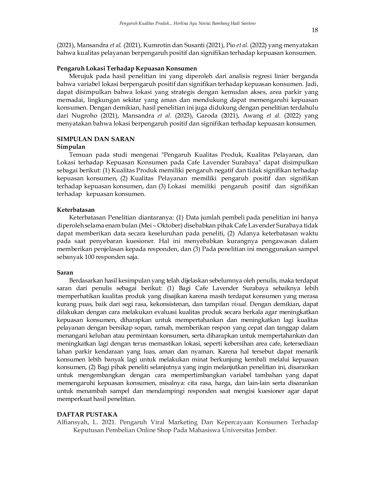 JURIS Pengaruh Kualitas Produk Kualitas Pelayanan dan Lokasi Terhadap Kepuasan Konsumen Cafe Lavender