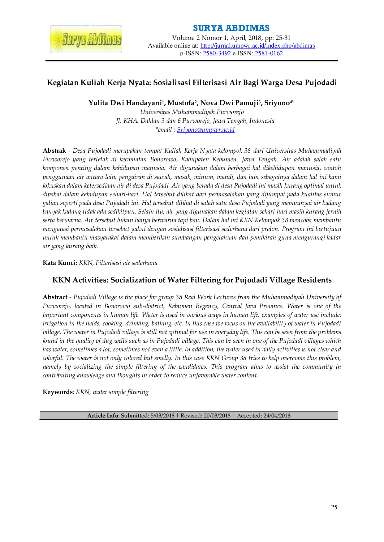 JURIS Kegiatan Kuliah Kerja Nyata Sosialisasi Filterisasi Air Bagi Warga Desa Pujodadi