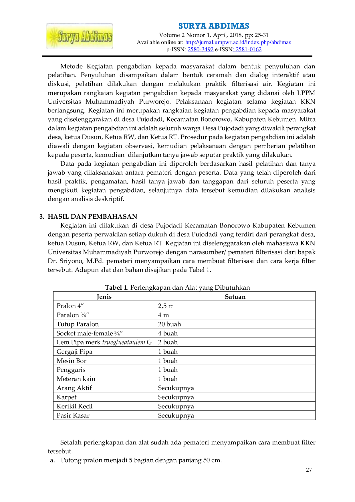 JURIS Kegiatan Kuliah Kerja Nyata Sosialisasi Filterisasi Air Bagi Warga Desa Pujodadi