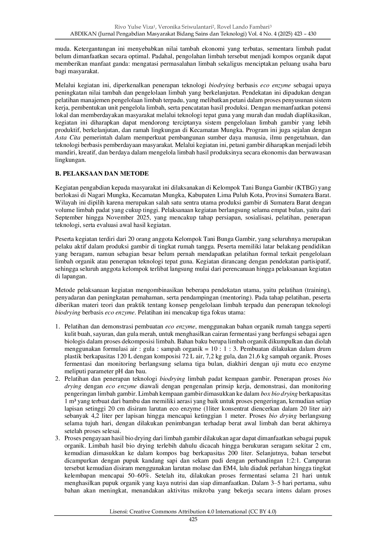 JURIS Pemanfaatan Eco Enzyme dalam Proses Biodrying Limbah Gambir Uncaria Gambir Roxb pada Kelompok Tani Bunga Gambir di Kecamatan Mungka