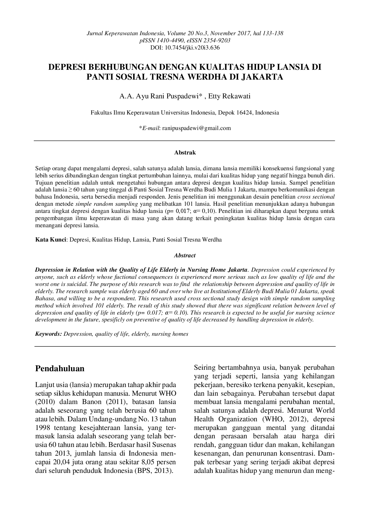 juris Depresi Berhubungan dengan Kualitas Hidup Lansia di Panti Sosial Tresna Werdha di Jakarta