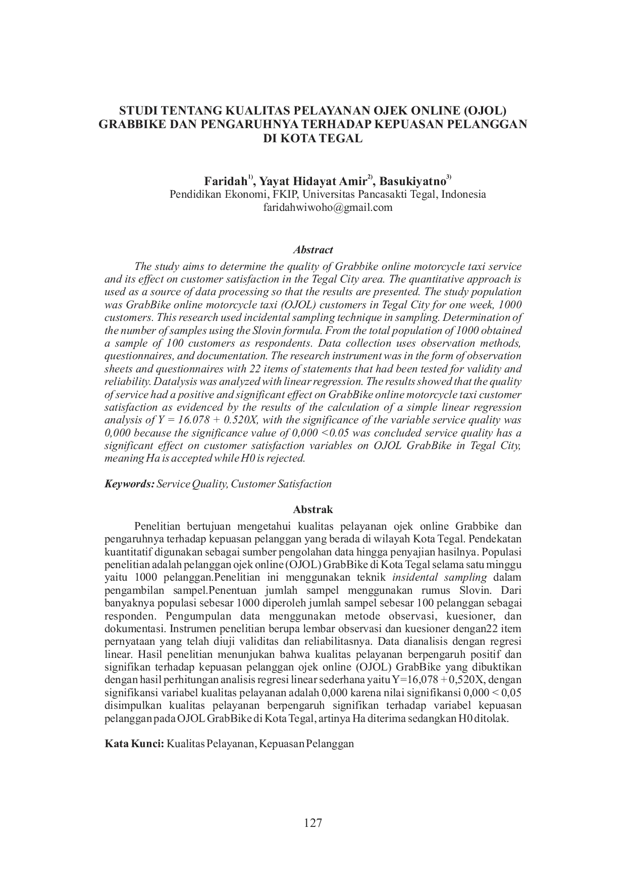 JURIS Studi Tentang Kualitas Pelayanan Ojek Online Ojol Grabbike dan Pengaruhnya Terhadap Kepuasan Pelanggan di Kota Tegal