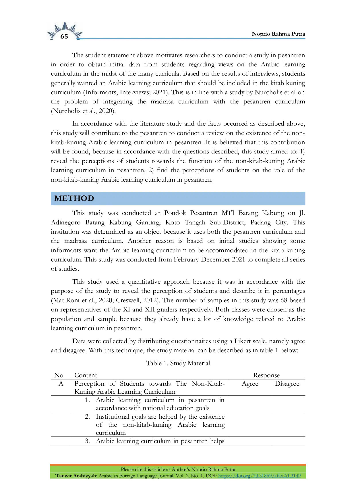 JURIS Response of Students to Arabic Learning Curriculum in Pondok Pesantren