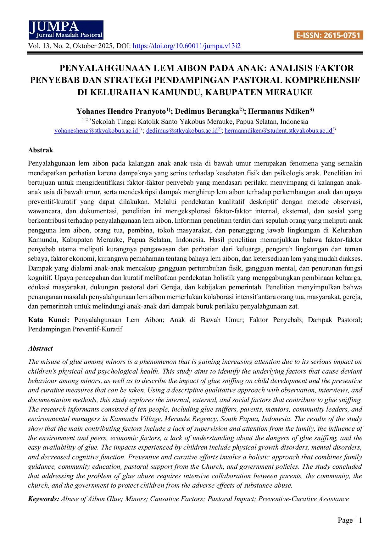 JURIS Penyalahgunaan Lem Aibon Pada Anak Analisis Faktor Penyebab Dan Strategi Pendampingan Pastoral Komprehensif Di Kelurahan Kamundu Kabupaten Merauke