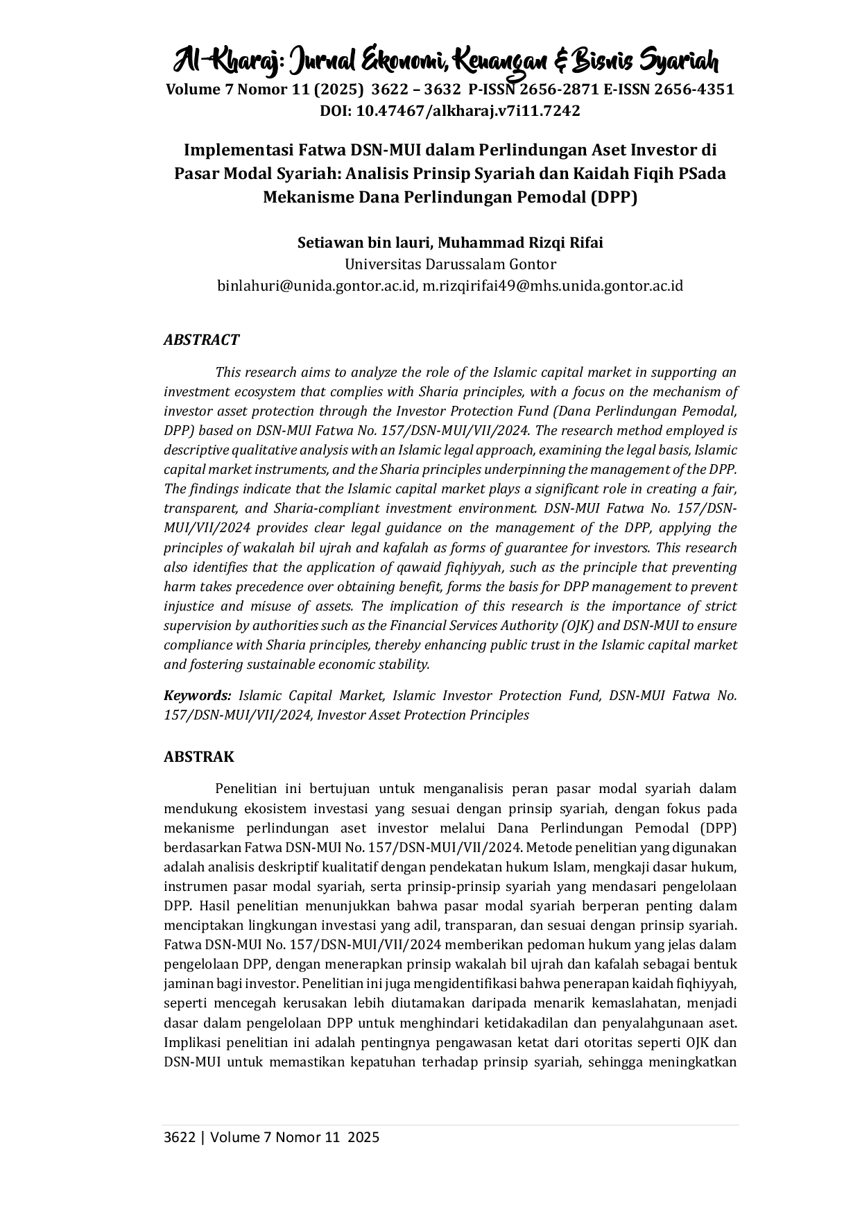 juris Implementasi Fatwa DSN MUI dalam Perlindungan Aset Investor di Pasar Modal Syariah Analisis Prinsip Syariah dan Kaidah Fiqih PSada Mekanisme Dana Perlindungan Pemodal DPP