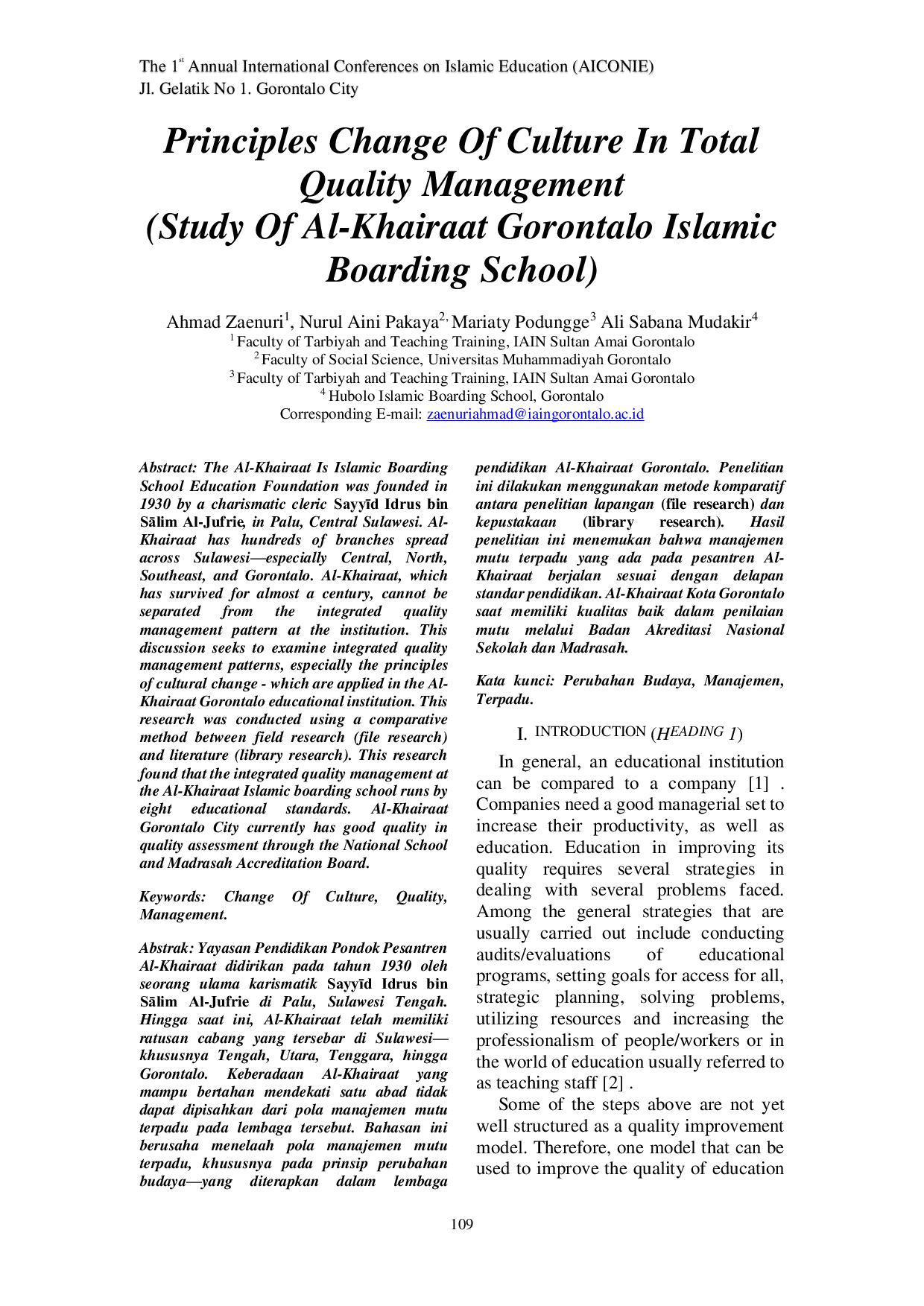 JURIS Principles Change Of Culture In Total Quality Management Study Of Al Khairaat Gorontalo Islamic Boarding School