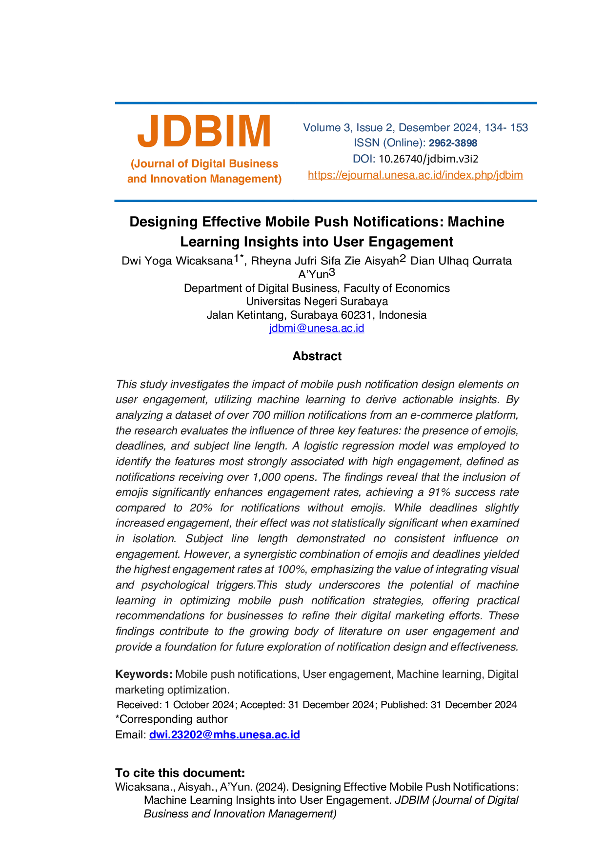JURIS Designing Effective Mobile Push Notifications Machine Learning Insights into User Engagement