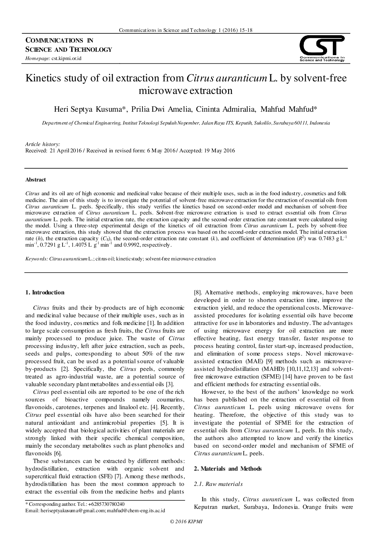JURIS Kinetics study of oil extraction from Citrus auranticum L by solvent free microwave extraction