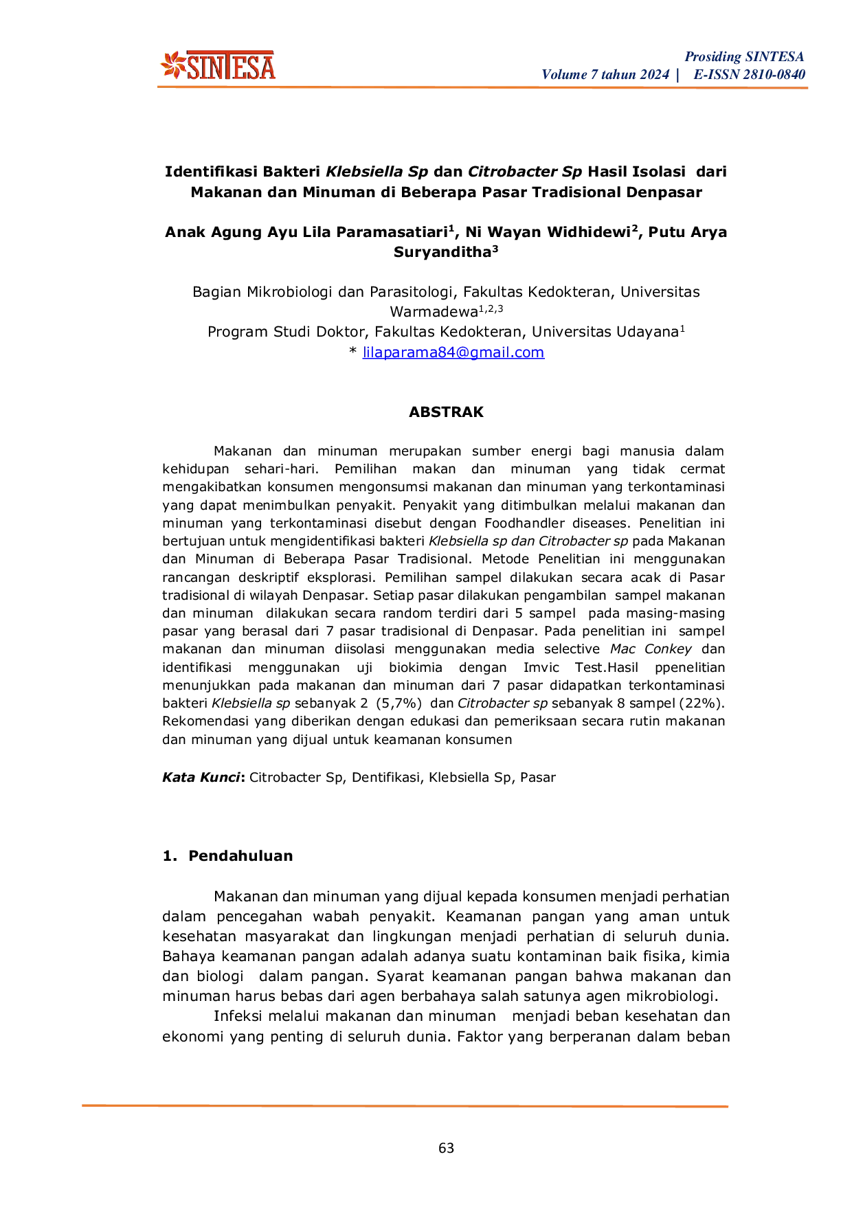 JURIS Identifikasi Bakteri Klebsiella Sp dan Citrobacter Sp Hasil Isolasi dari Makanan dan Minuman di Beberapa Pasar Tradisional Denpasar