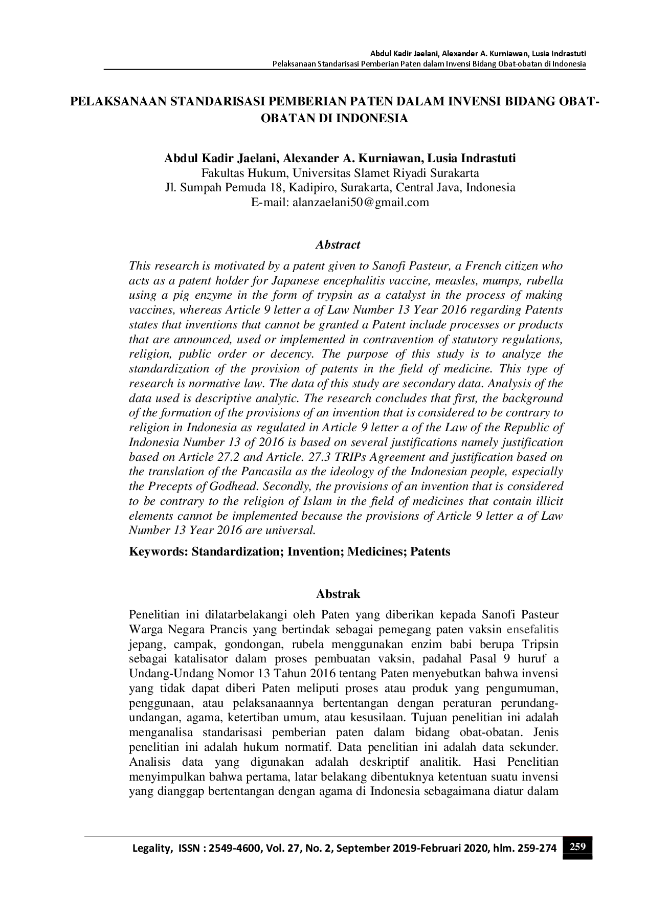 juris Pelaksanaan Standarisasi Pemberian Paten Dalam Invensi Bidang Obat Obatan Di Indonesia