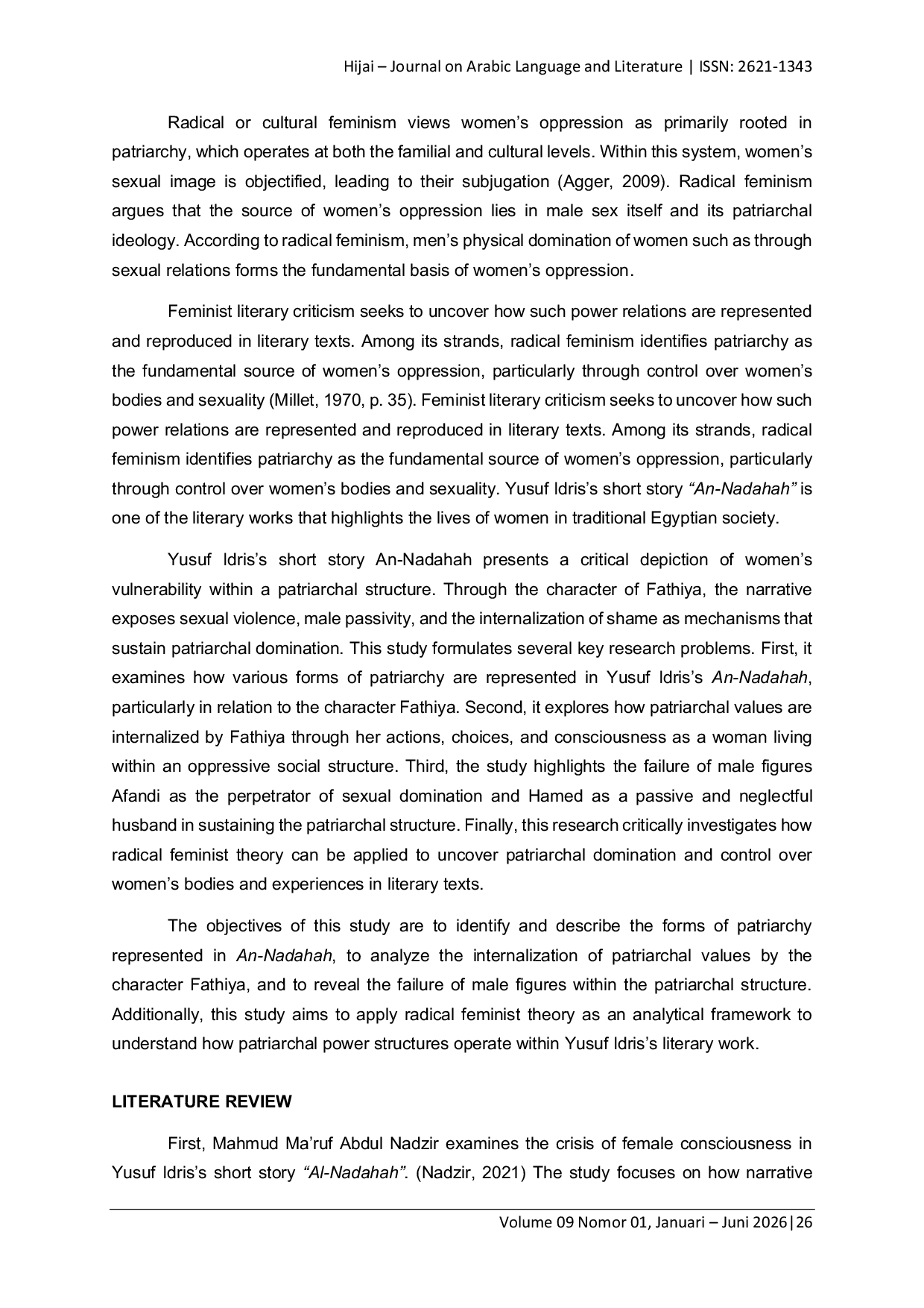 JURIS PATRIARCHAL REPRESENTATION OF FATHIYA IN YUSUF IDRIS S SHORT STORY AN NADAHAH A RADICAL FEMINIST LITERARY ANALYSIS Analisis Feminisme Radikal