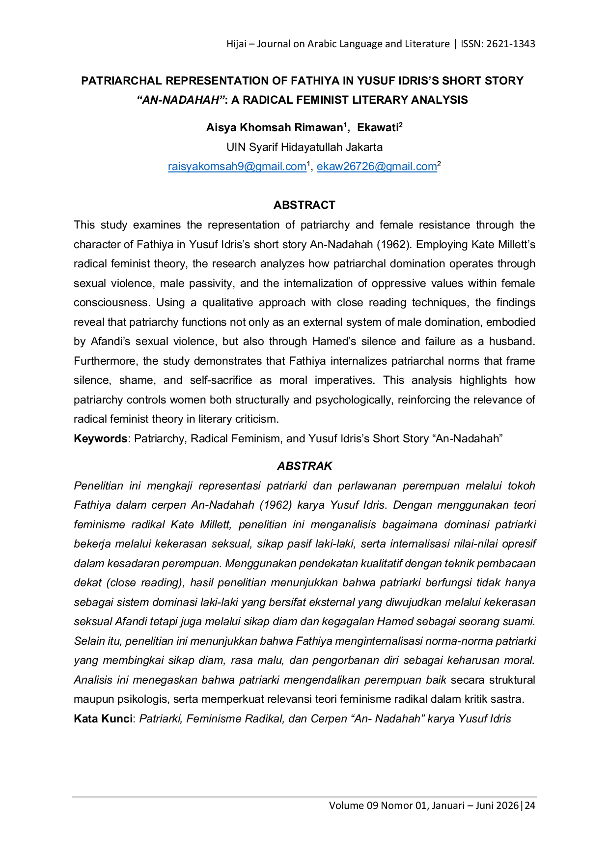 JURIS PATRIARCHAL REPRESENTATION OF FATHIYA IN YUSUF IDRIS S SHORT STORY AN NADAHAH A RADICAL FEMINIST LITERARY ANALYSIS Analisis Feminisme Radikal
