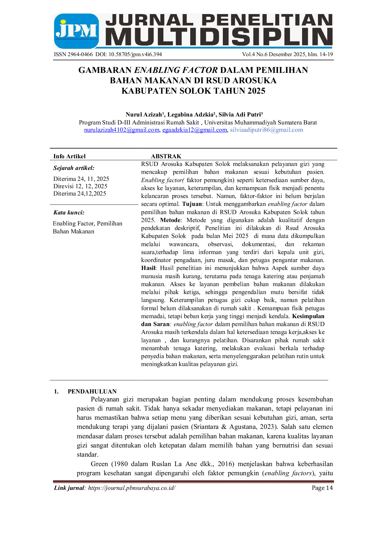 JURIS Gambaran Enabling Factor Dalam Pemilihan Bahan Makanan Di RSUD Arosuka Kabupaten Solok Tahun 2025
