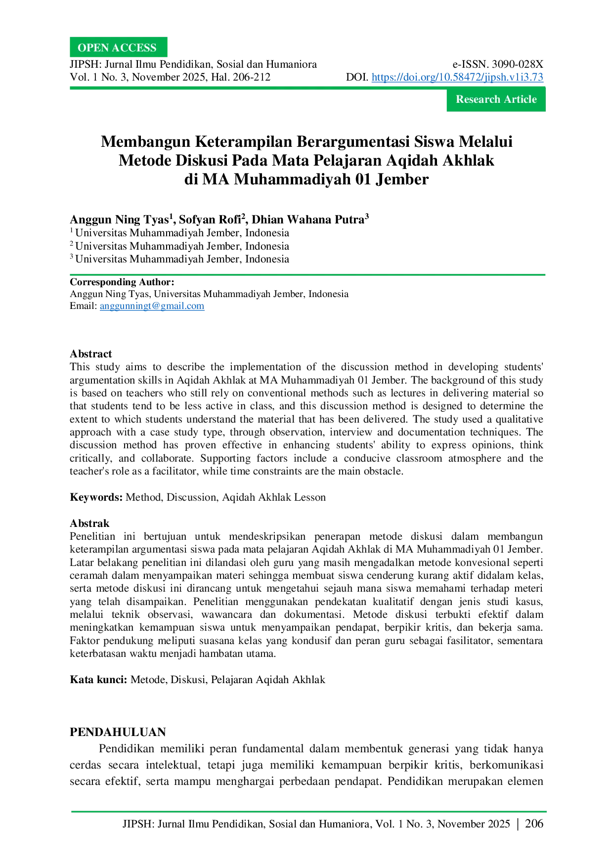 JURIS Membangun Keterampilan Berargumentasi Siswa Melalui Metode Diskusi Pada Mata Pelajaran Aqidah Akhlak di MA Muhammadiyah 01 Jember