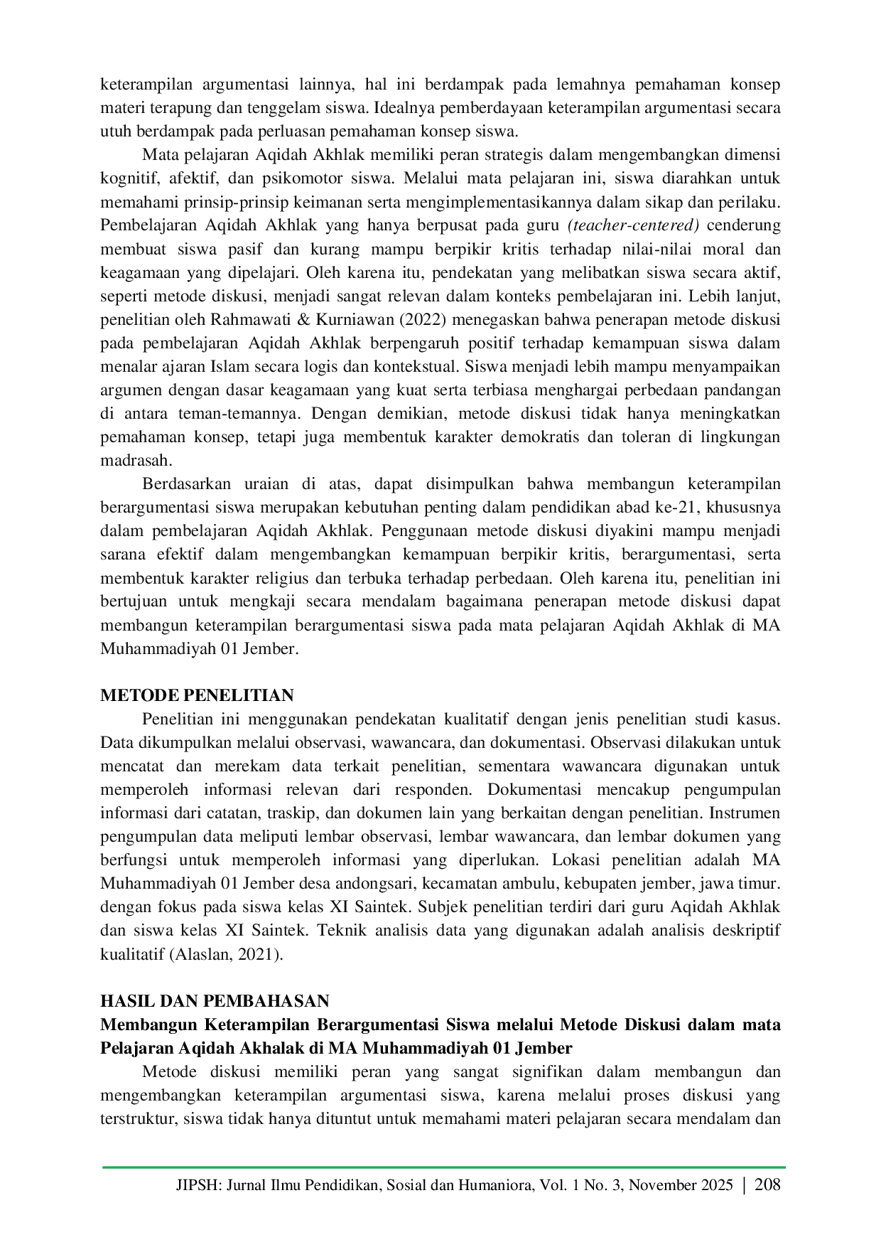 JURIS Membangun Keterampilan Berargumentasi Siswa Melalui Metode Diskusi Pada Mata Pelajaran Aqidah Akhlak di MA Muhammadiyah 01 Jember