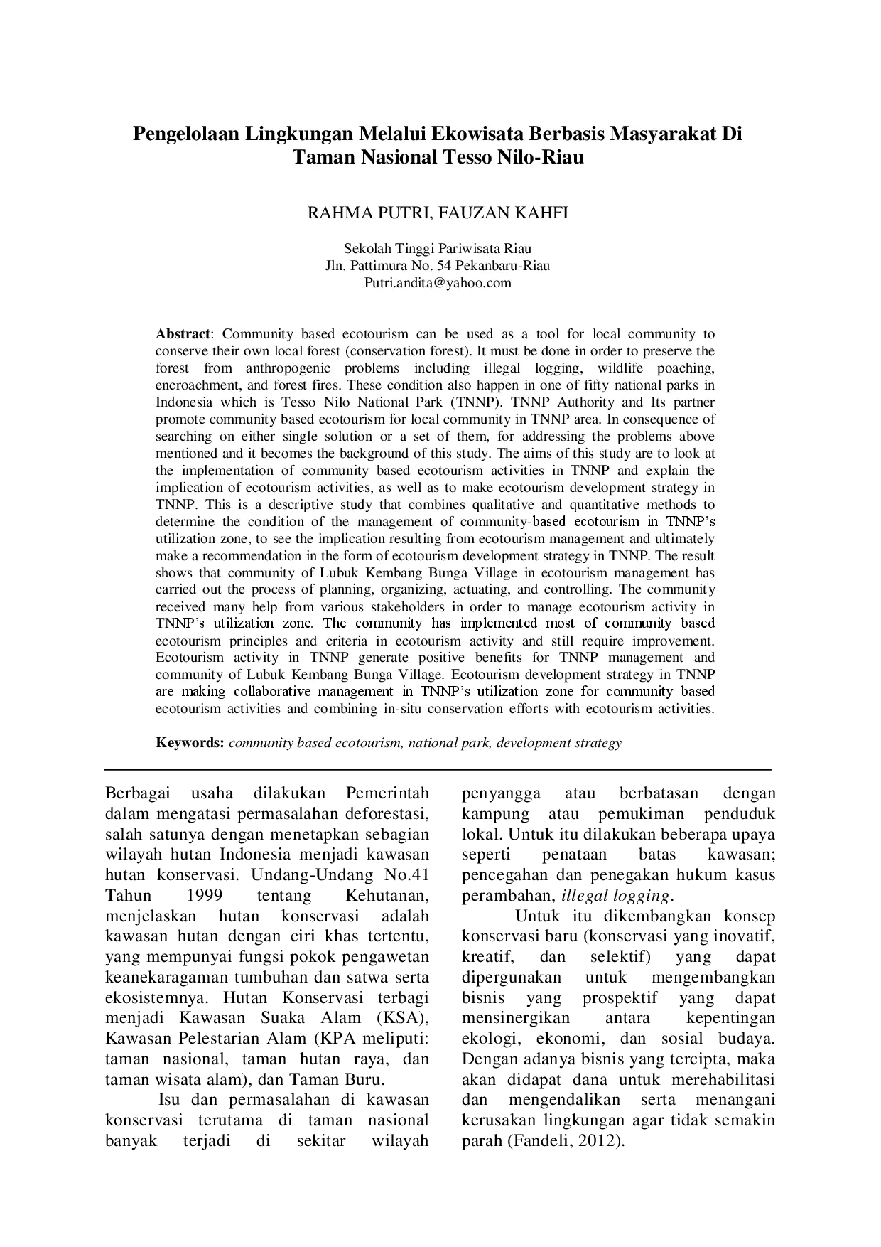 juris Pengelolaan Lingkungan Melalui Ekowisata Berbasis Masyarakat Di Taman Nasional Tesso Nilo Riau