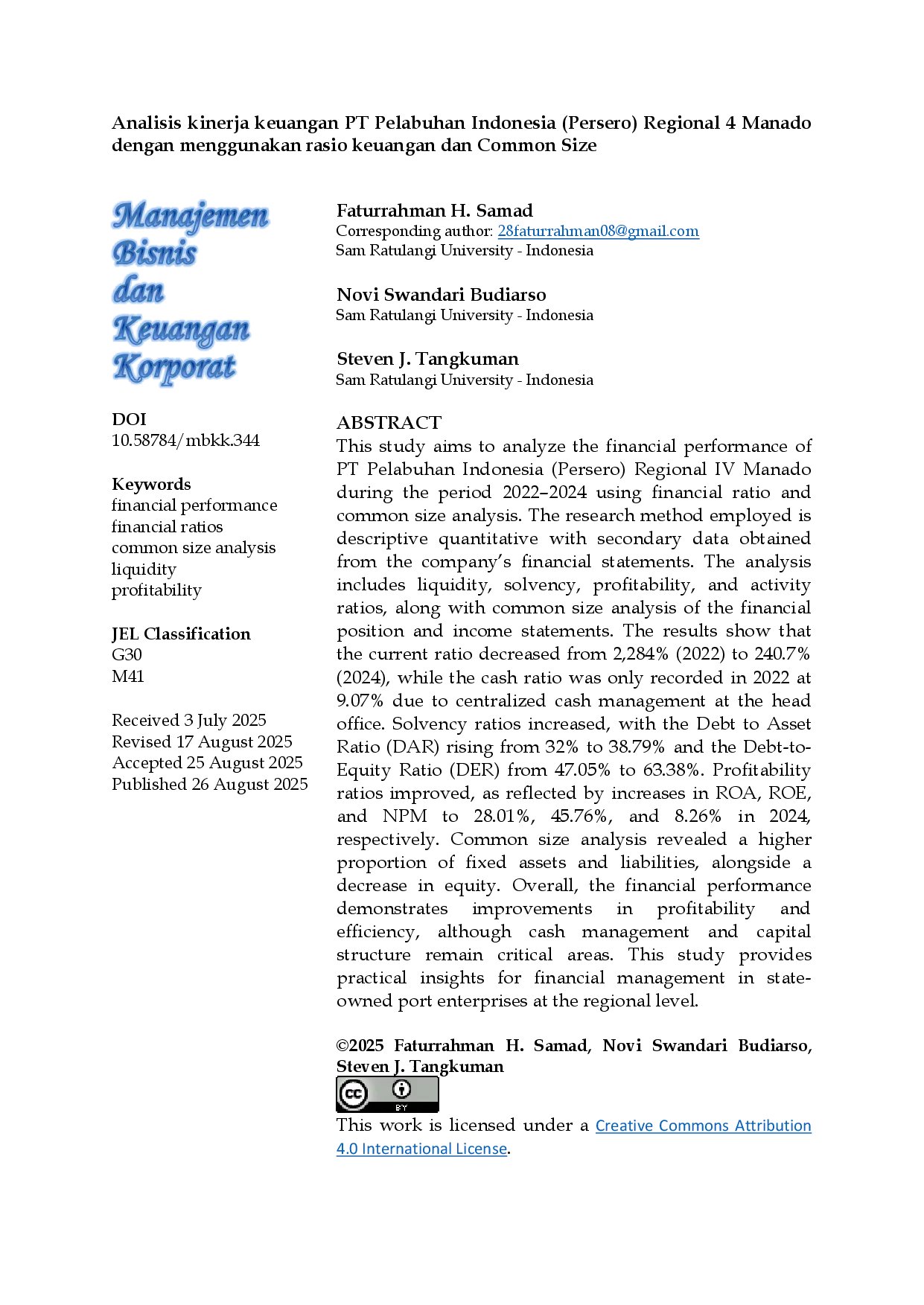JURIS Analisis Kinerja Keuangan Pt Pelabuhan Indonesia Persero Regional 4 Manado Dengan Menggunakan Rasio Keuangan Dan Common Size