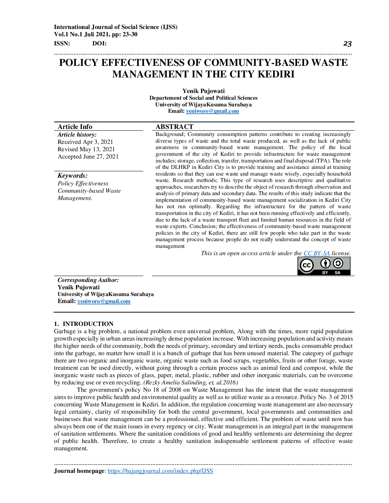 JURIS Policy Effectiveness Of Community Based Waste Management In The City Kediri
