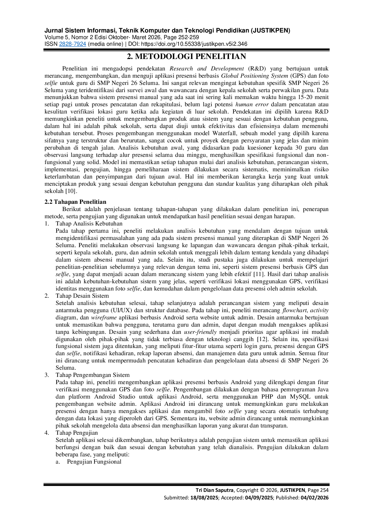 JURIS Rancang Bangun Aplikasi Presensi Guru Dengan Metode Global Positioning System Gps Dan Foto Selfi Berbasis Web Studi Kasus Smp N 26 Seluma