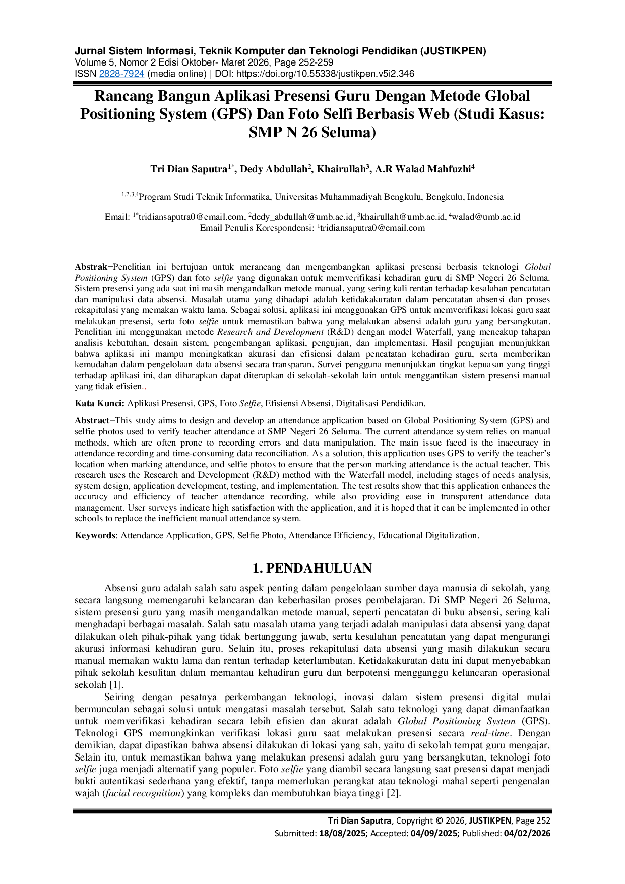 JURIS Rancang Bangun Aplikasi Presensi Guru Dengan Metode Global Positioning System Gps Dan Foto Selfi Berbasis Web Studi Kasus Smp N 26 Seluma