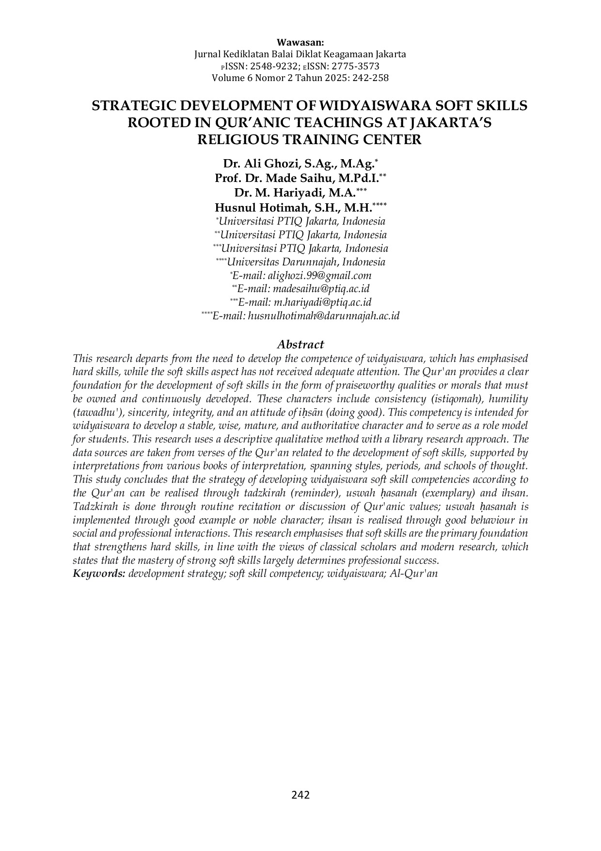 JURIS Strategic Development of Widyaiswara Soft Skills Rooted in Qur Anic Teachings at Jakarta S Religious Training Center