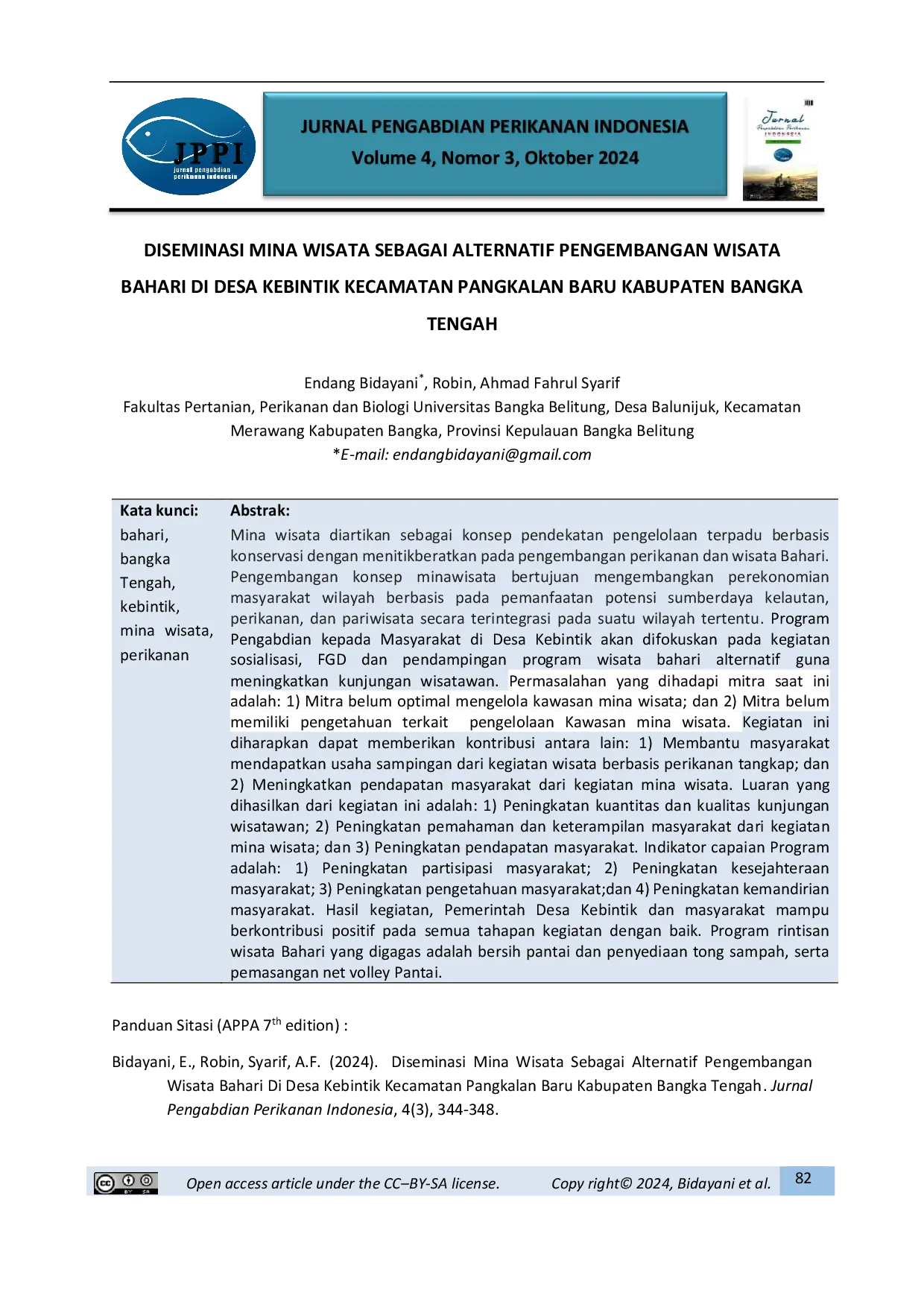 JURIS Diseminasi Mina Wisata Sebagai Alternatif Pengembangan Wisata Bahari Di Desa Kebintik Kecamatan Pangkalan Baru Kabupaten Bangka Tengah