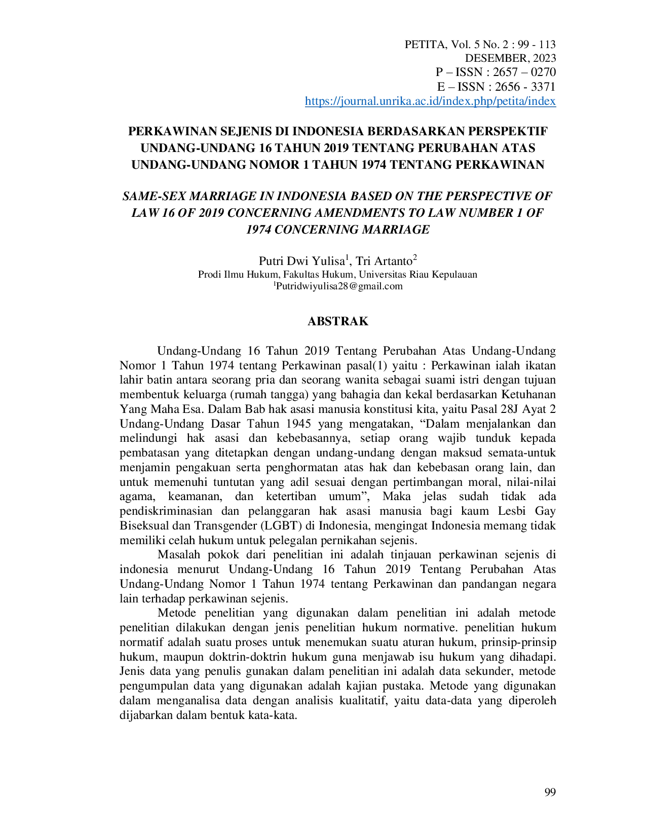 JURIS Perkawinan Sejenis di Indonesia Berdasarkan Perspektif Undang Undang 16 Tahun 2019 Tentang Perubahan Atas Undang Undang Nomor 1 Tahun 1974 Tentang Perkawinan