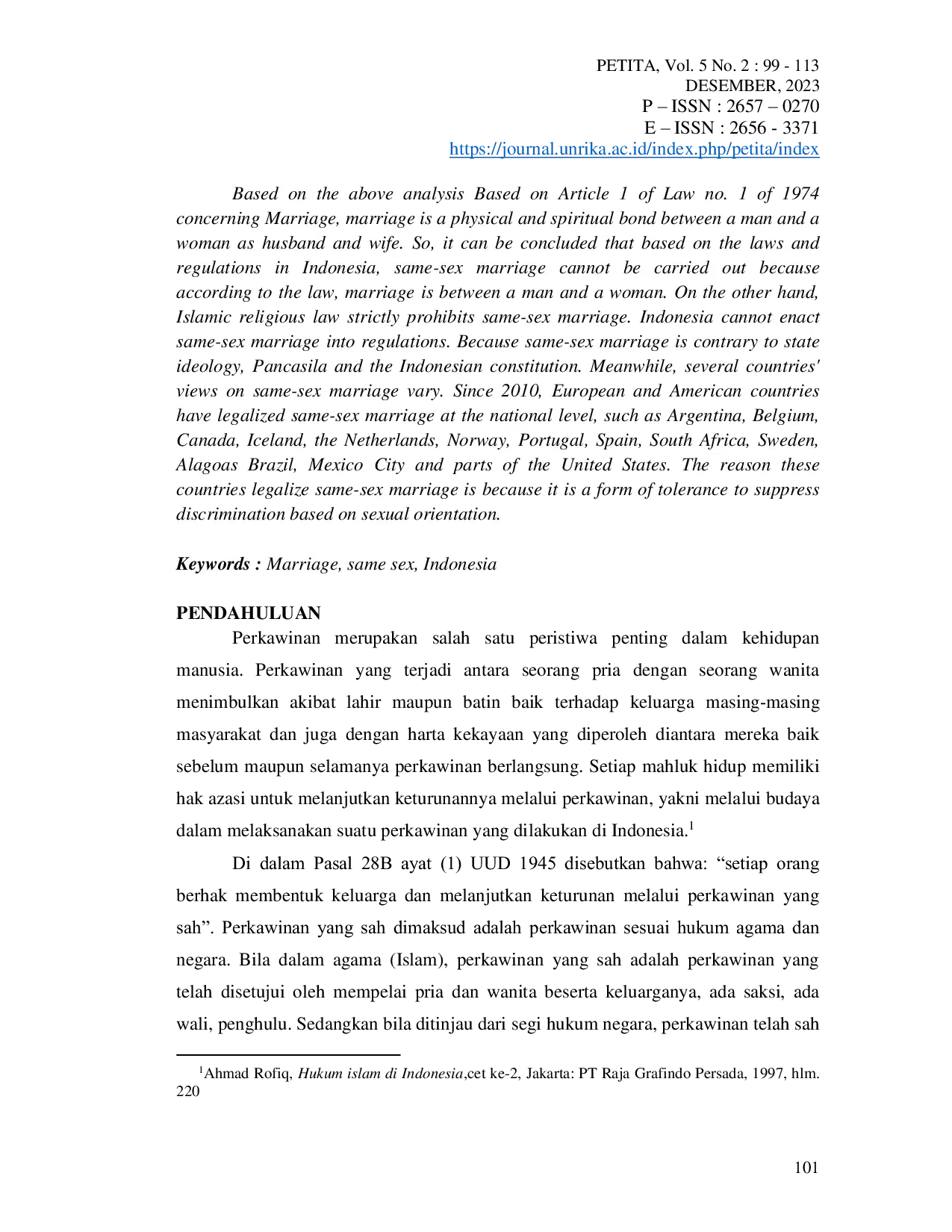 JURIS Perkawinan Sejenis di Indonesia Berdasarkan Perspektif Undang Undang 16 Tahun 2019 Tentang Perubahan Atas Undang Undang Nomor 1 Tahun 1974 Tentang Perkawinan