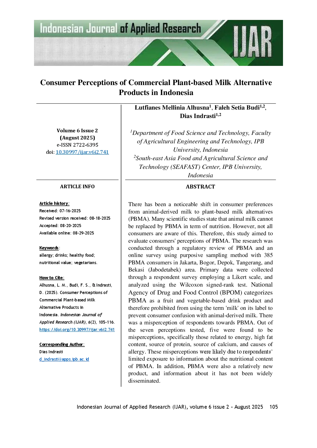 juris Consumer Perceptions of Commercial Plant based Milk Alternative Products in Indonesia