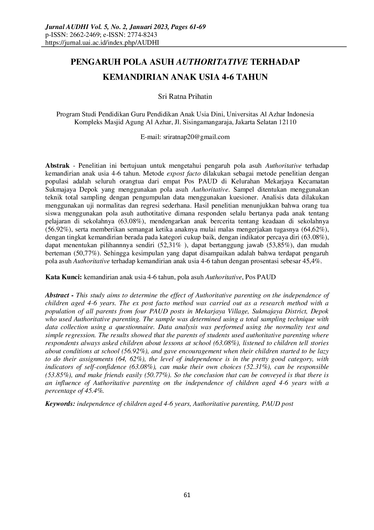 JURIS Pengaruh Pola Asuh Authoritative Terhadap Kemandirian Anak Usia 4 6 Tahun