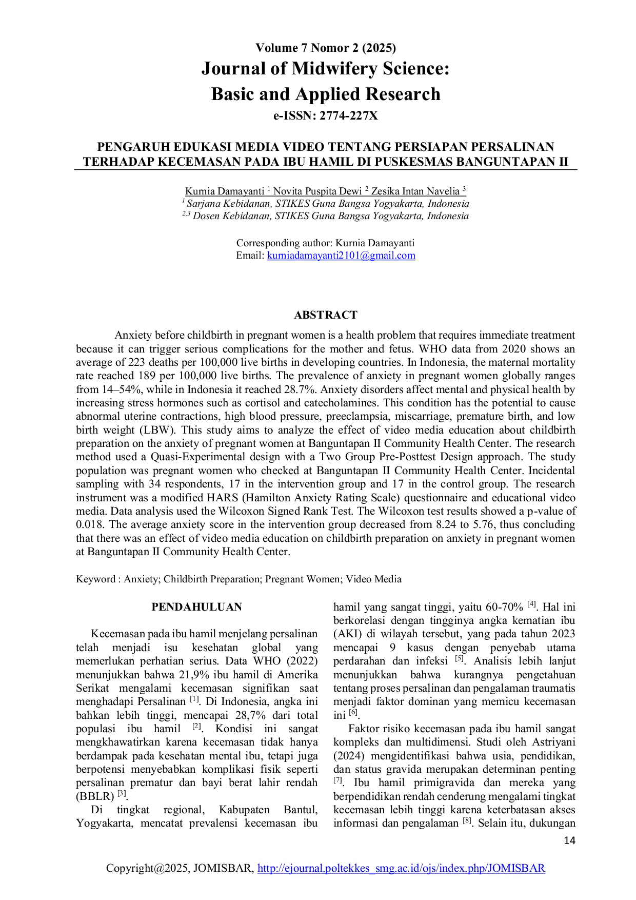 JURIS Pengaruh Edukasi Media Video tentang Persiapan Persalinan terhadap Kecemasan pada Ibu Hamil di Puskesmas Banguntapan II