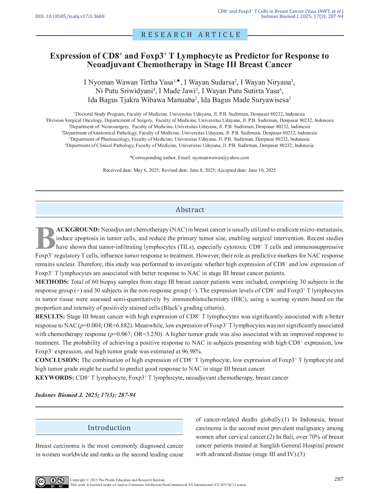JURIS Expression of CD8 and Foxp3 T Lymphocyte as Predictor for Response to Neoadjuvant Chemotherapy in Stage III Breast Cancer