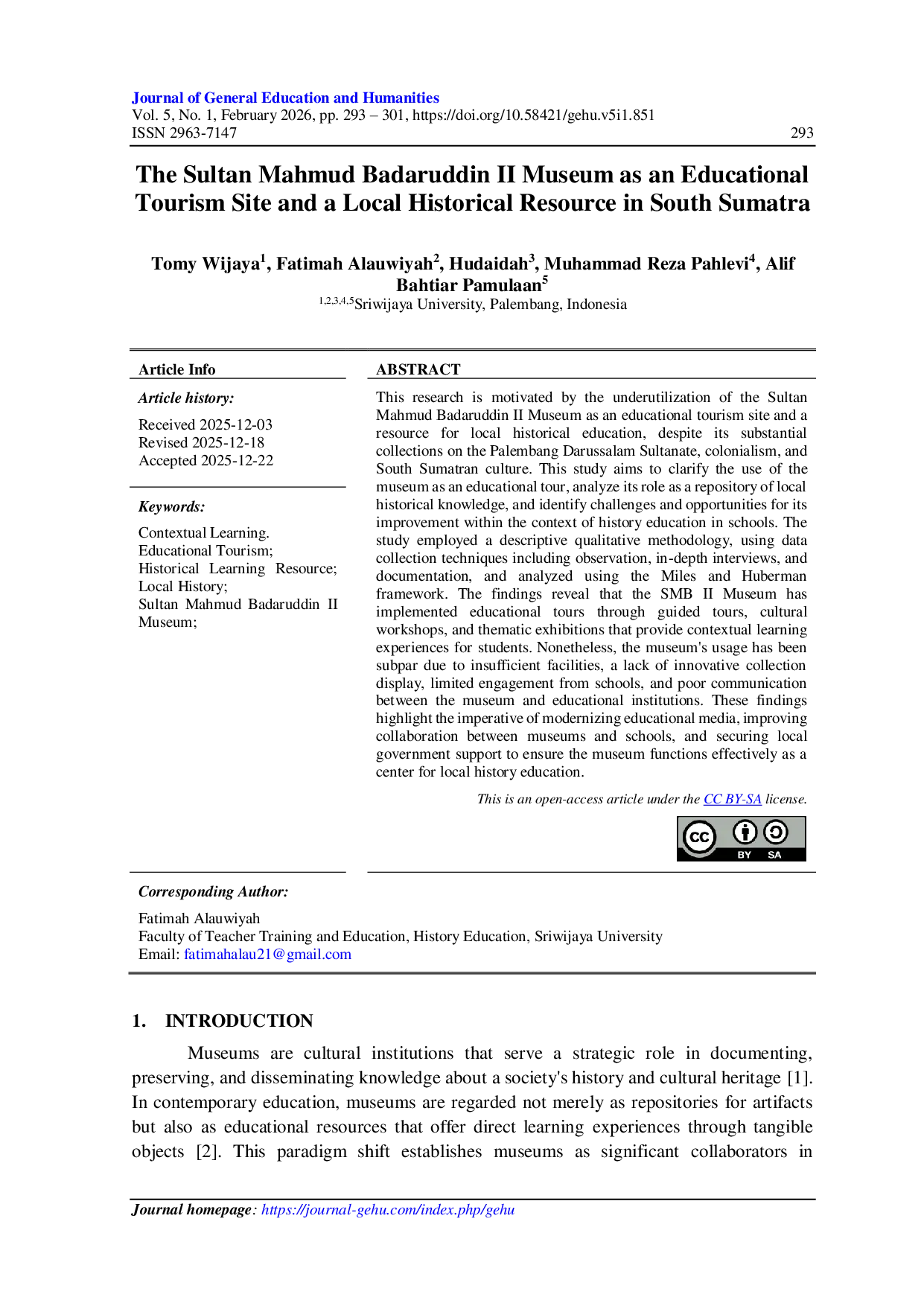 JURIS The Sultan Mahmud Badaruddin Ii Museum As An Educational Tourism Site And A Local Historical Resource In South Sumatra