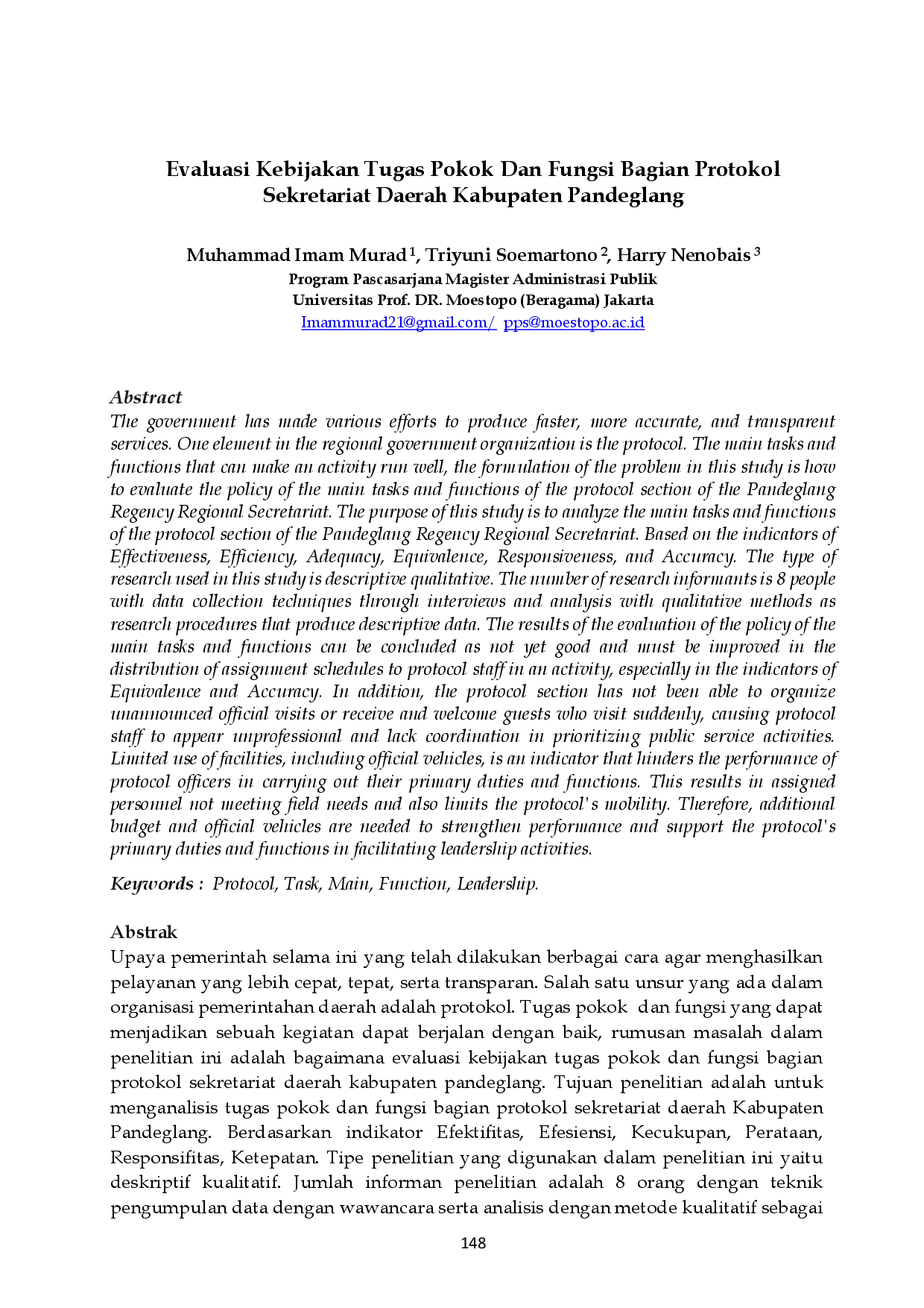 juris Evaluasi Kebijakan Tugas Pokok Dan Fungsi Bagian Protokol Sekretariat Daerah Kabupaten Pandeglang