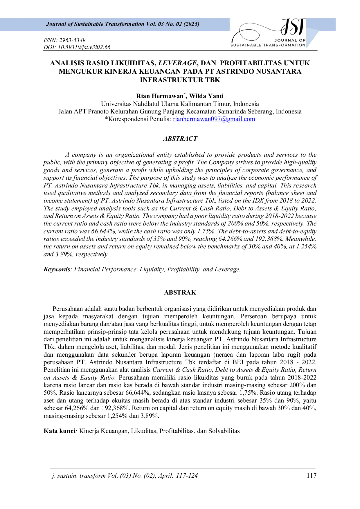 JURIS Analisis Rasio Likuiditas Leverage Dan Profitabilitas Untuk Mengukur Kinerja Keuangan Pada Pt Astrindo Nusantara Infrastruktur Tbk