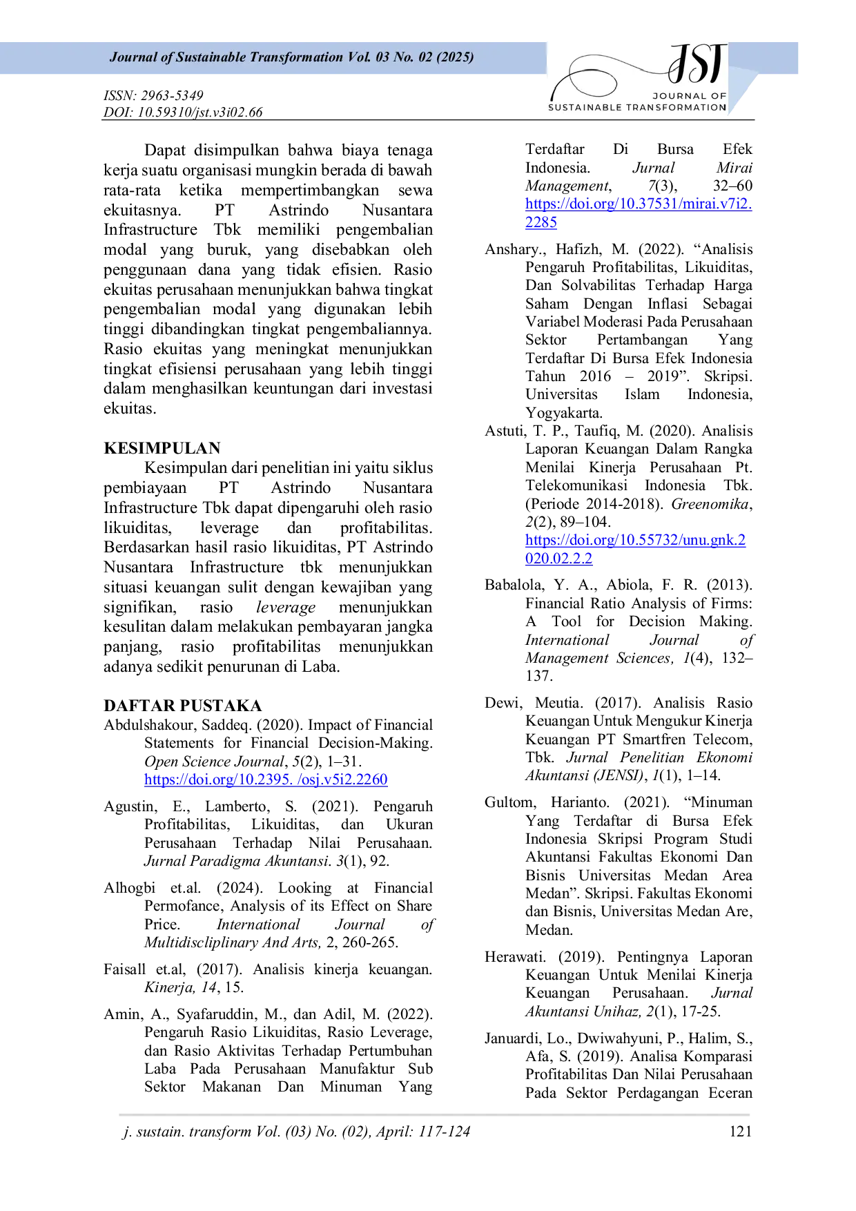 JURIS Analisis Rasio Likuiditas Leverage Dan Profitabilitas Untuk Mengukur Kinerja Keuangan Pada Pt Astrindo Nusantara Infrastruktur Tbk
