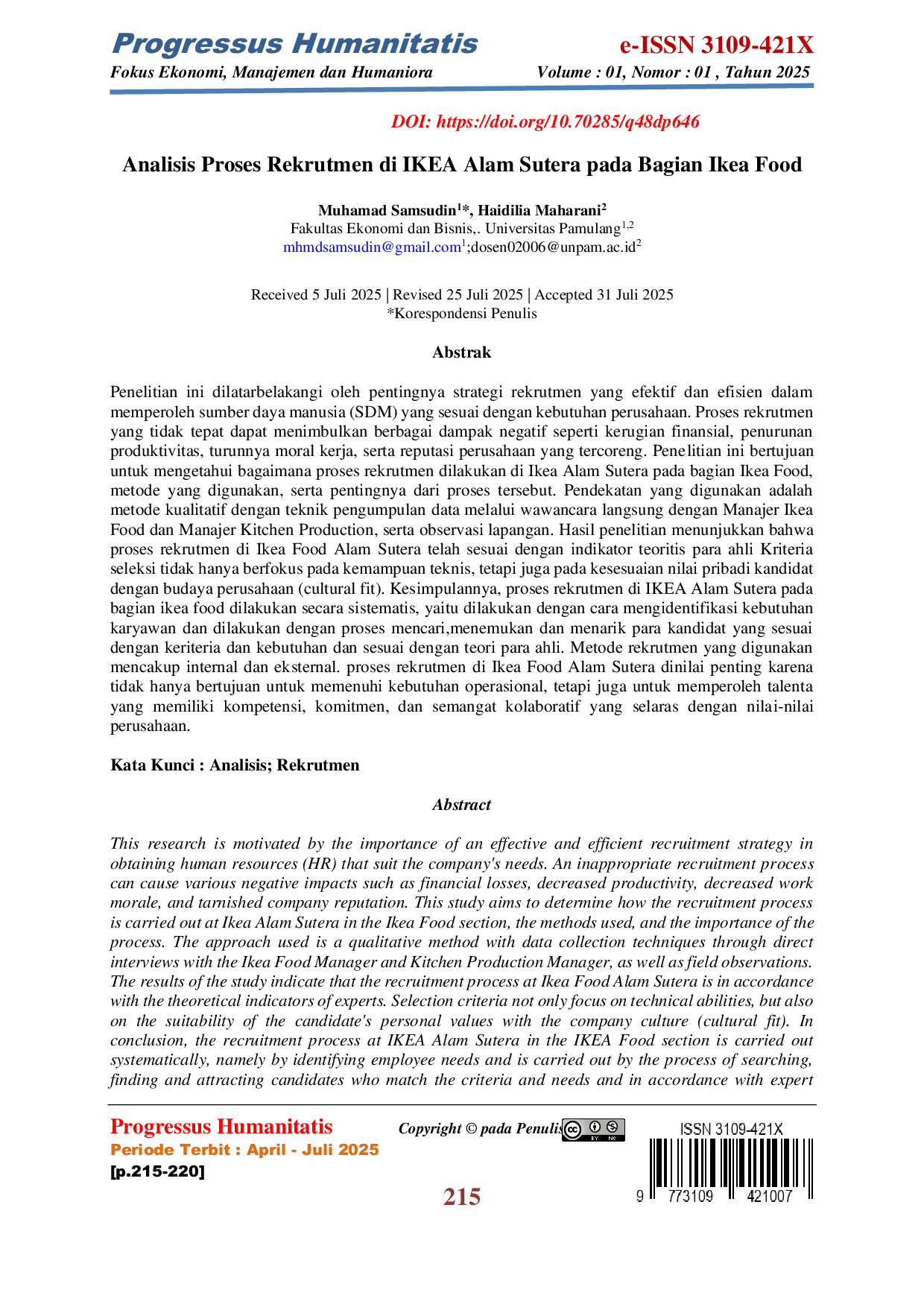 JURIS Analisis Proses Rekrutmen di IKEA Alam Sutera pada Bagian Ikea Food