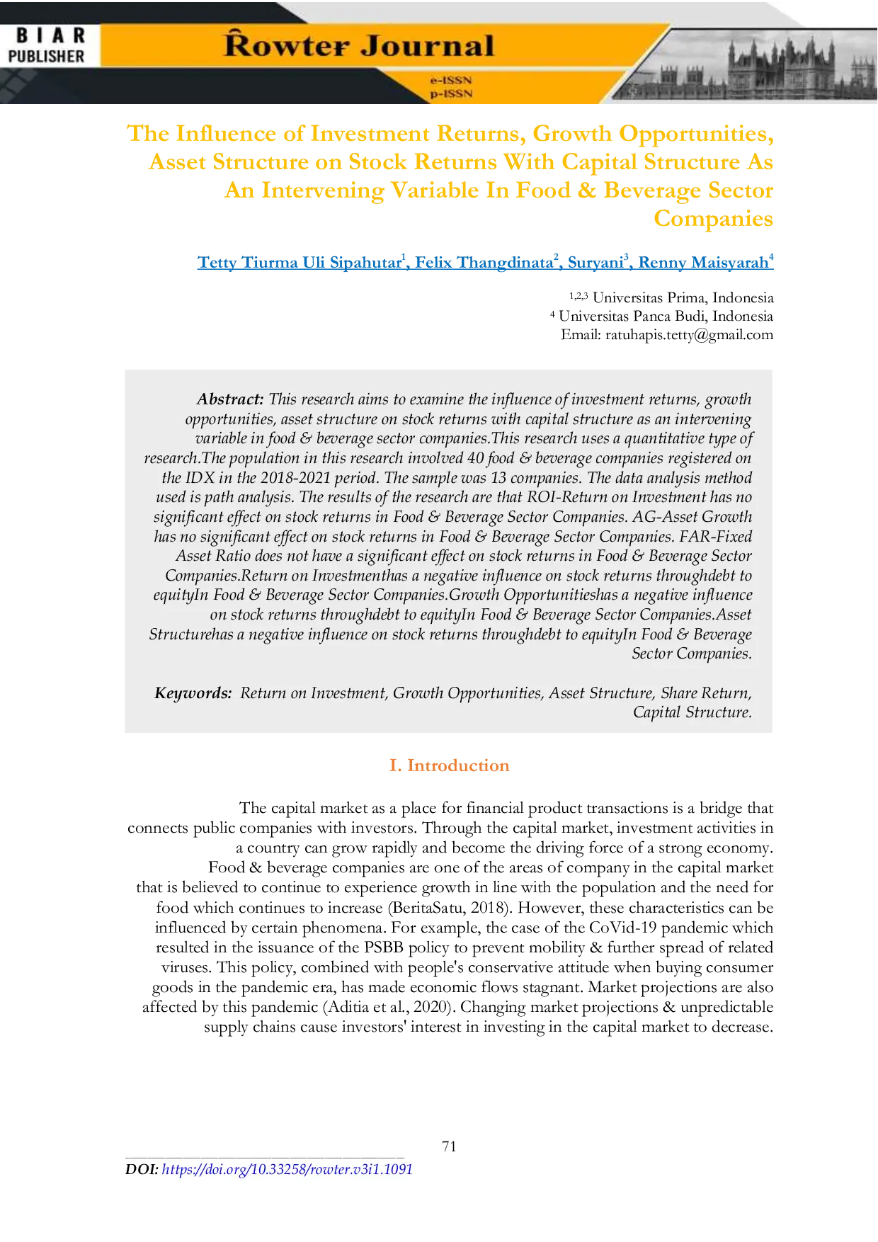 JURIS The Influence of Investment Returns Growth Opportunities Asset Structure on Stock Returns With Capital Structure as an Intervening Variable in Food Beverage Sector Companies