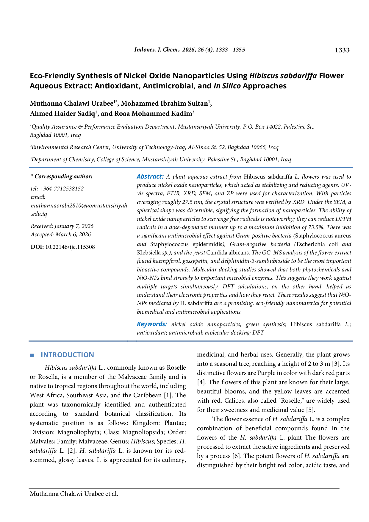 JURIS Eco Friendly Synthesis of Nickel Oxide Nanoparticles Using Hibiscus sabdariffa Flower Antioxidant Antimicrobial and In Silico Approaches